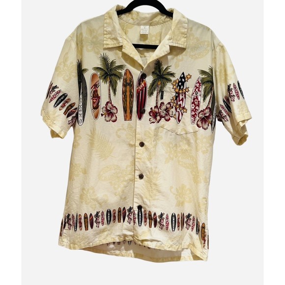Palmwave Men's Hawaiian Camp Shirt‎ Ivory Surf Boards Palms Shirt SS L - Picture 1 of 9